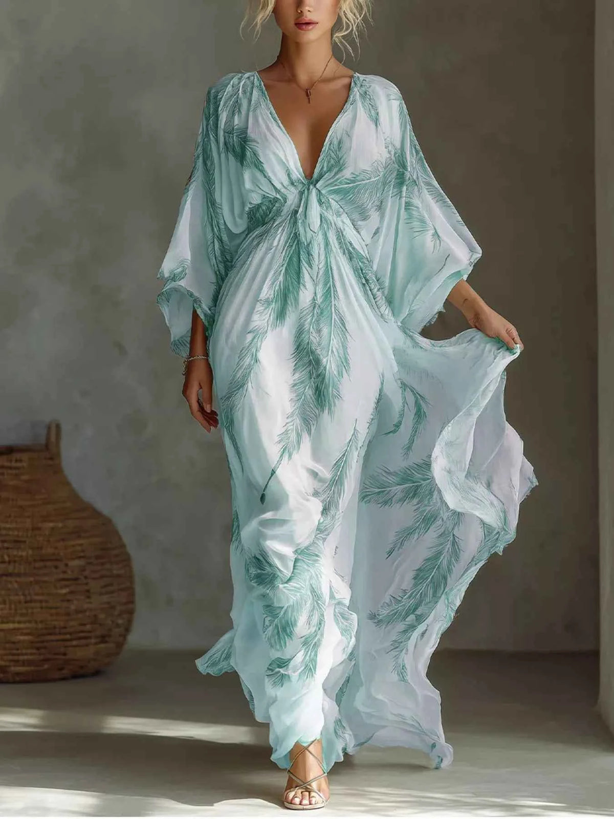 Feather Print Tie Front Maxi Dress - Flowing Sleeve Detail