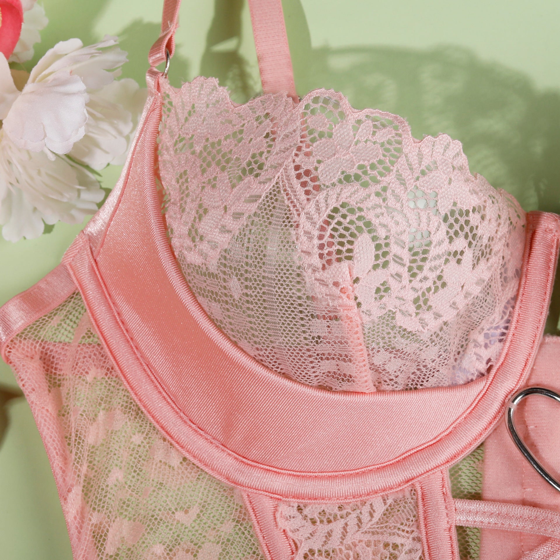 Lace Pink Lingerie Set - Heart Ring Corset and Thong