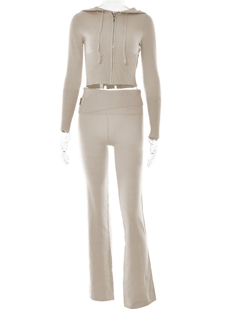 Soft Zip-up Long Sleeve Crop Sweater and Low Waist Pants Set