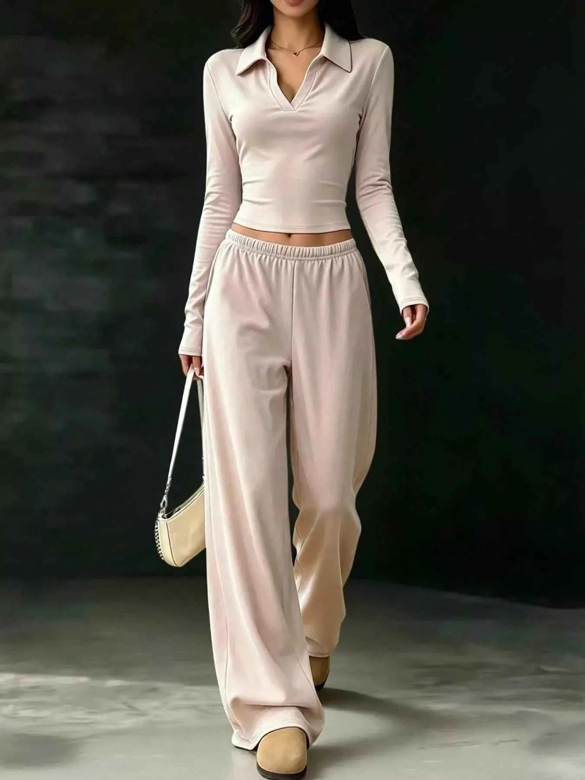 Long Sleeve Polo Wide Leg Set - Cropped Top Relaxed Pants