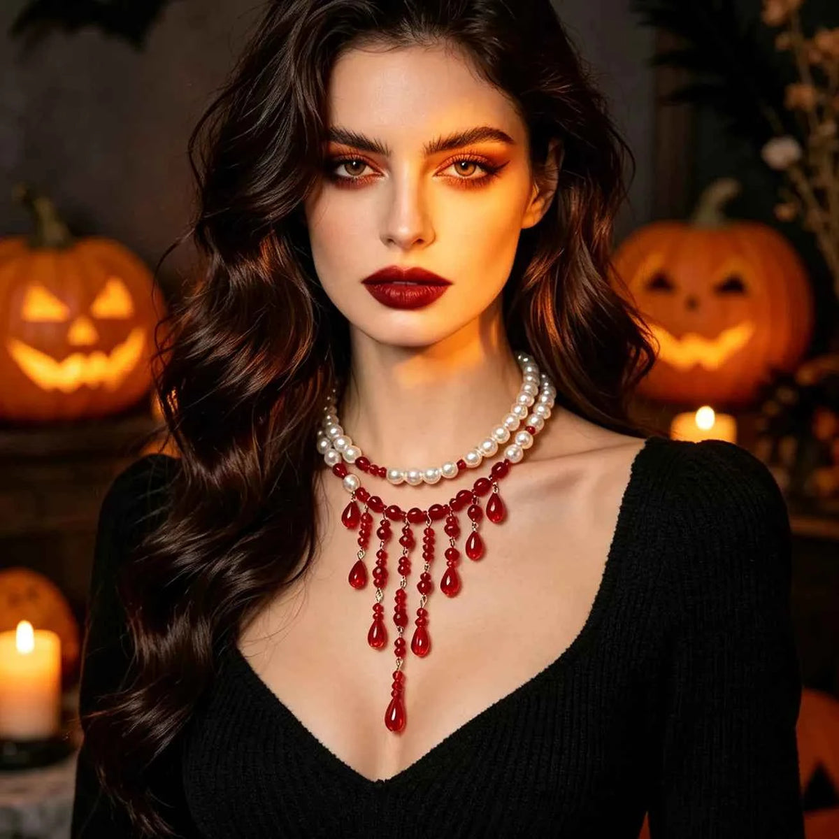Halloween Teardrop Beaded Double Layer Necklace - Vampire Drip