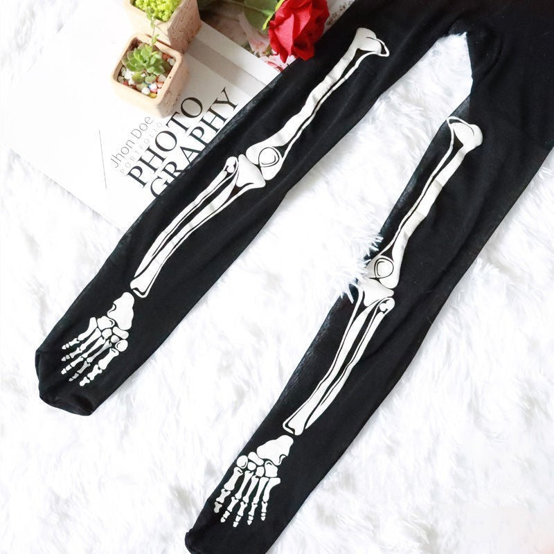 Black Skeleton Pantyhose - Full Leg Bone Print