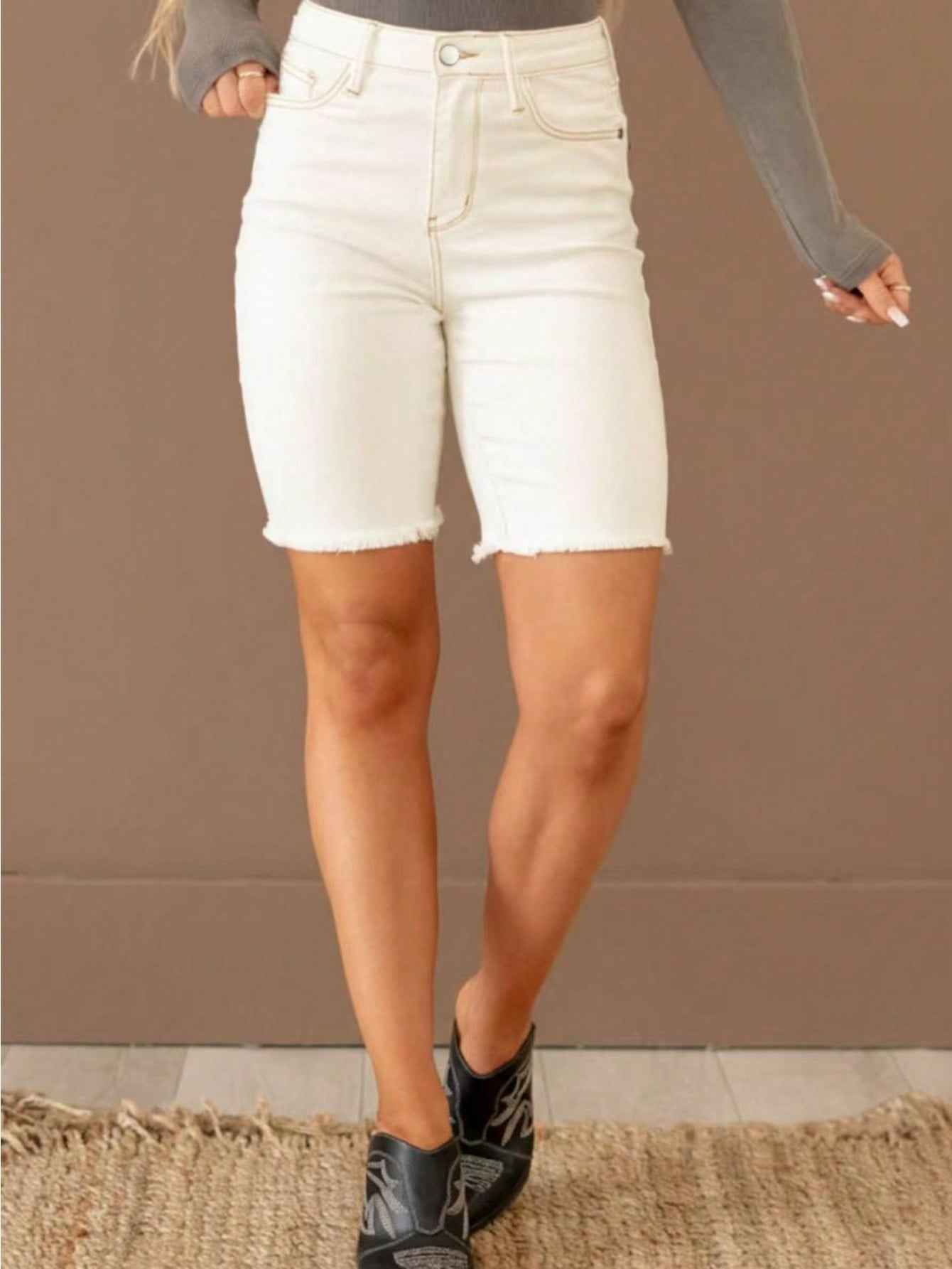 White Stretch Bermuda Denim Shorts - High-Rise Frayed Hem Knee Length
