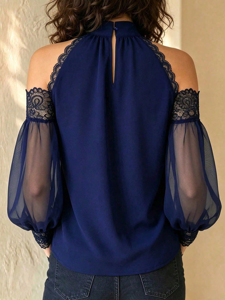 Lace-Trim Cold-Shoulder Blouse - Sheer Balloon Sleeves