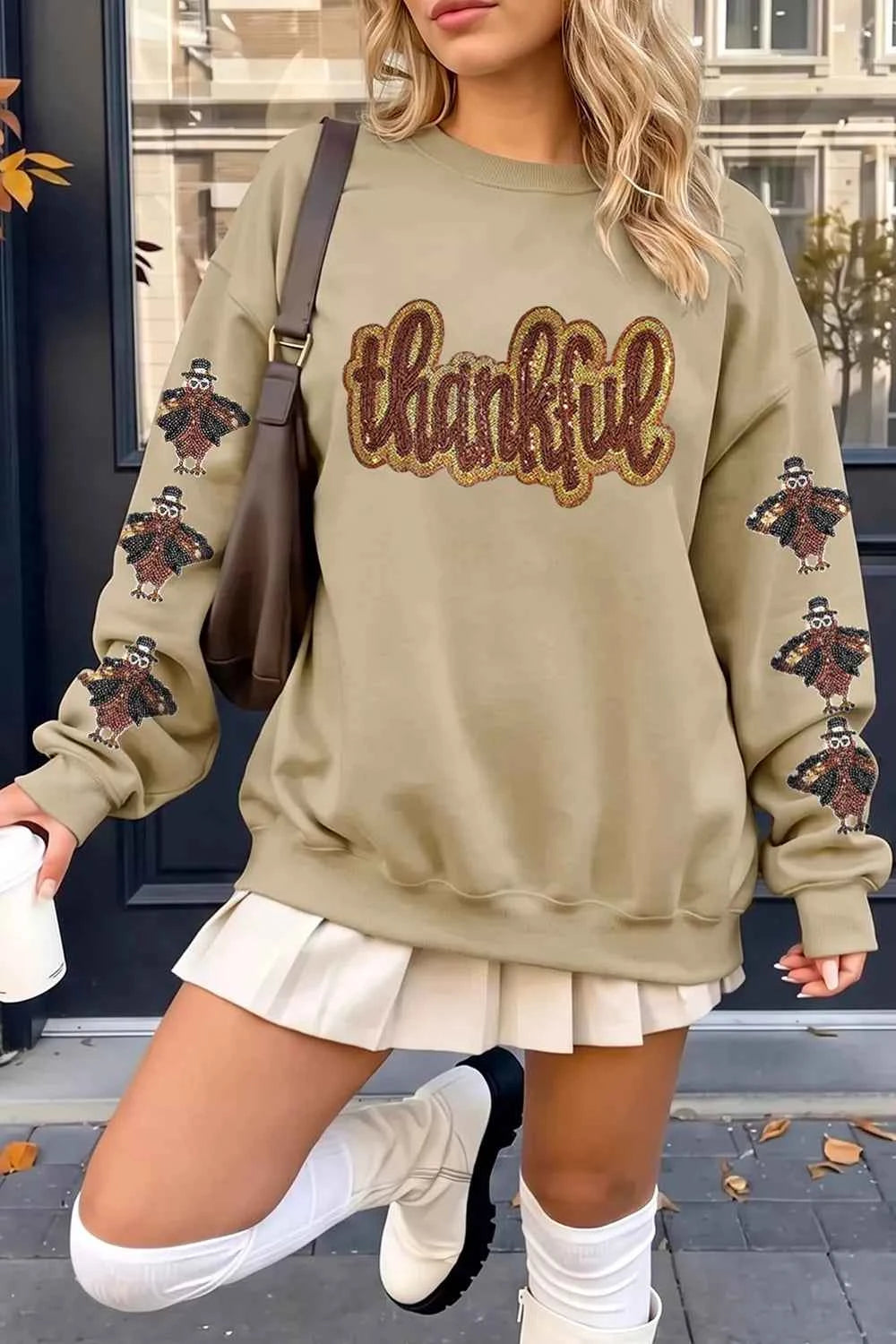 Khaki Thankful Turkey Sweatshirt - Sequin Sleeve Details
