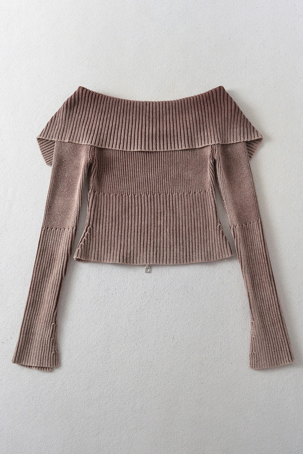 Double Take Ribbed Off-Shoulder Zip Up Long Sleeve Cardigan - Fashions Envy