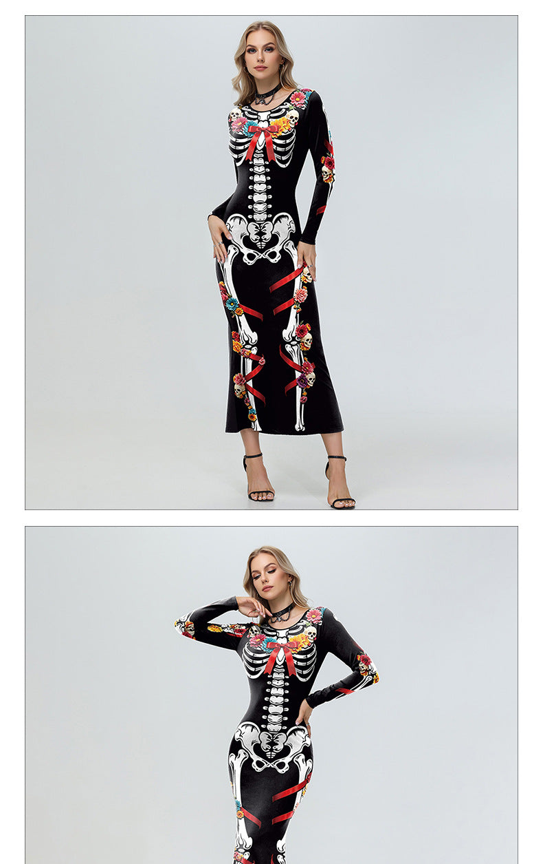 Halloween Skeleton Midi Dress - Floral Print & Long Sleeves