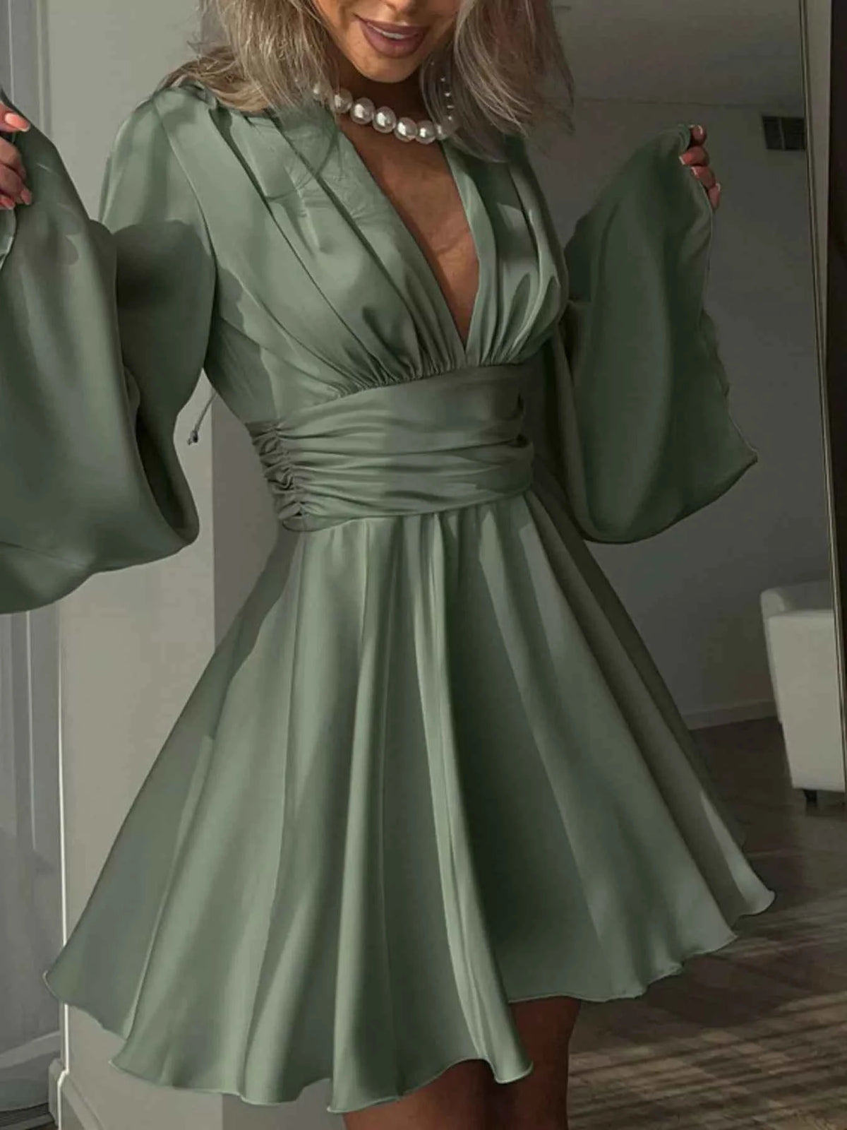 Army Green Satin Mini Dress - Deep V Wrap Waist Band