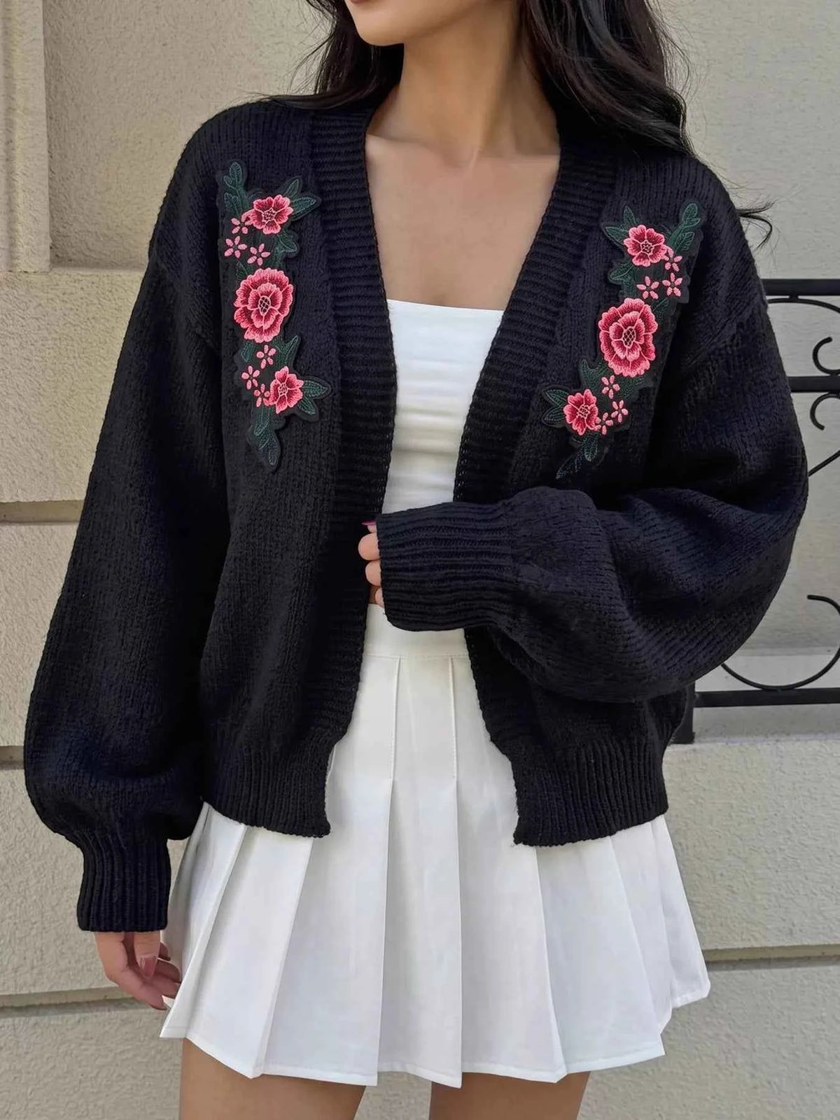 Black Floral Knit Cardigan - Open Front & Balloon Sleeves