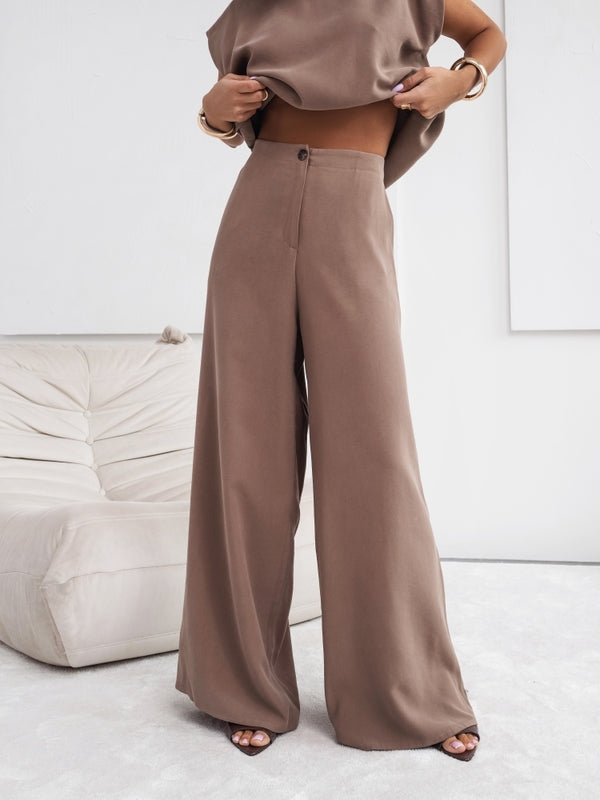 Wide-Leg Pants and Top Set - Crew Neck and Cap Sleeves