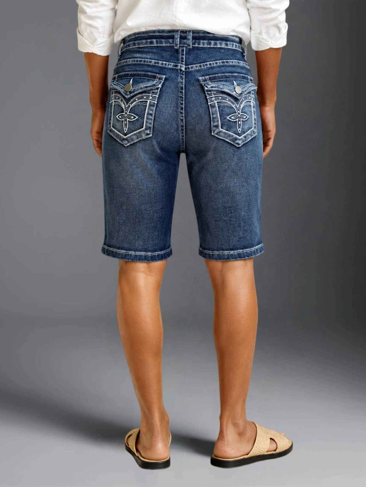 Blue Denim Bermuda Shorts - Embroidered Pocket Detail