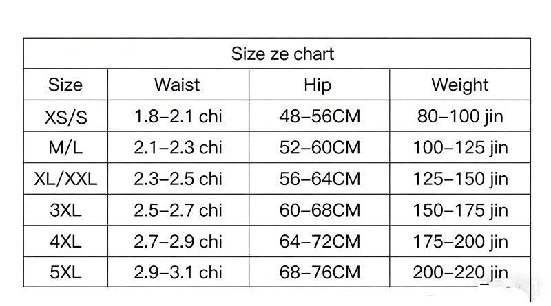 Size chart table with waist, hip, and weight ranges by size