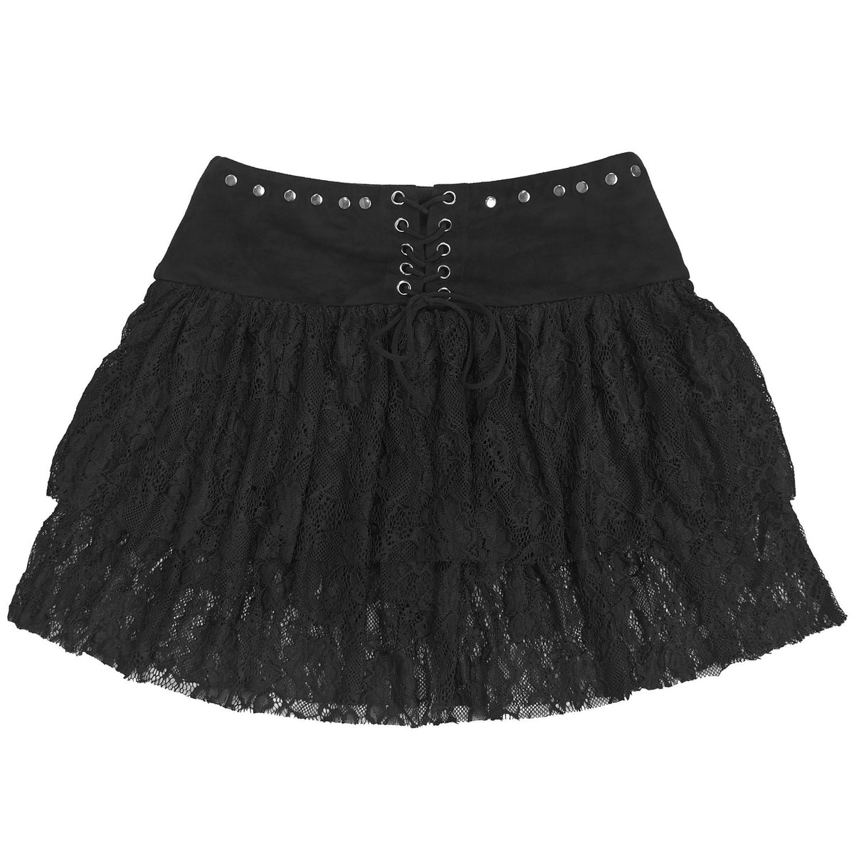 Black Lace-Up Two-Piece Skirt Set - Off-Shoulder Top and Ruffles