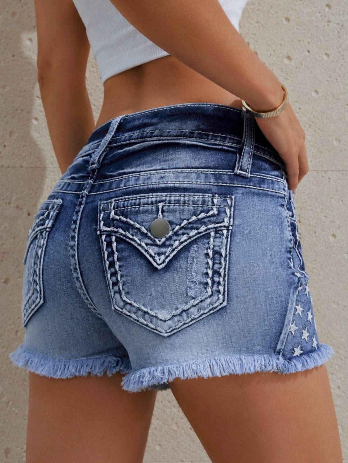 Blue Ripped Denim Shorts - Star Patch Frayed Hem Detail