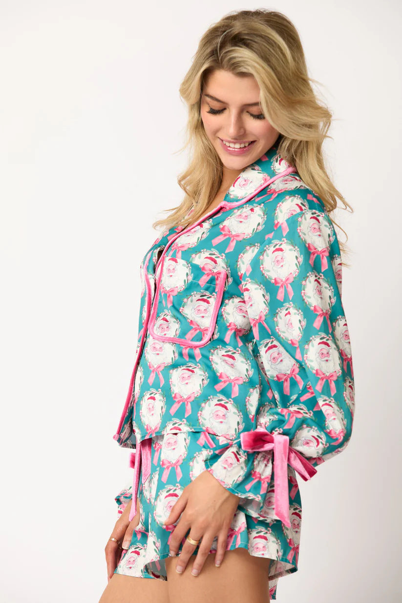 Christmas Pajama Shorts Set - Button Front and Sleeve Bows