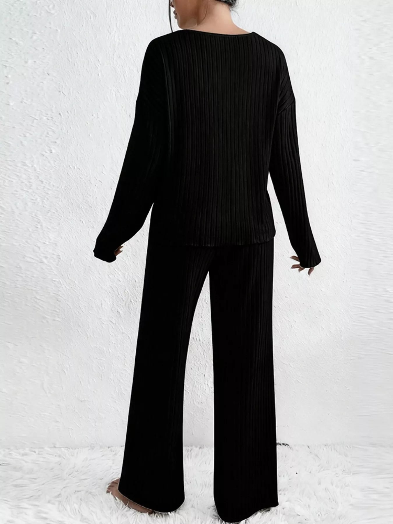 Ribbed Loungewear Set - V-Neck Top Wide-Leg Pants - Fashions Envy
