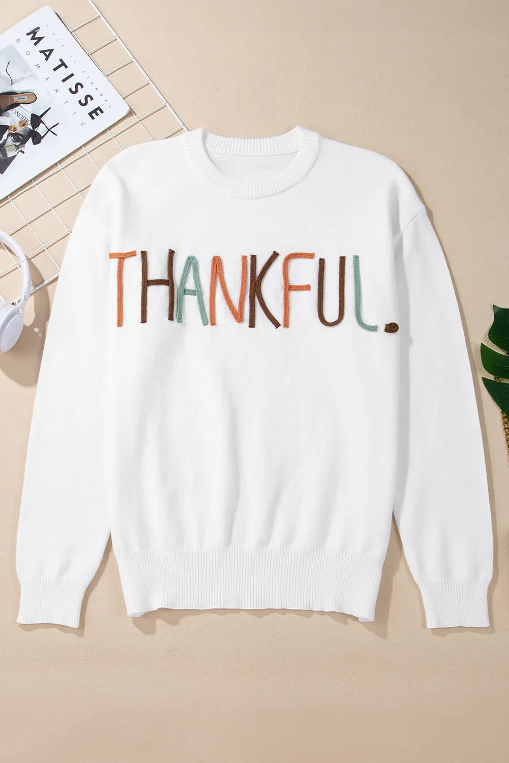 THANKFUL Round Neck Long Sleeve Knit Top - Fashions Envy