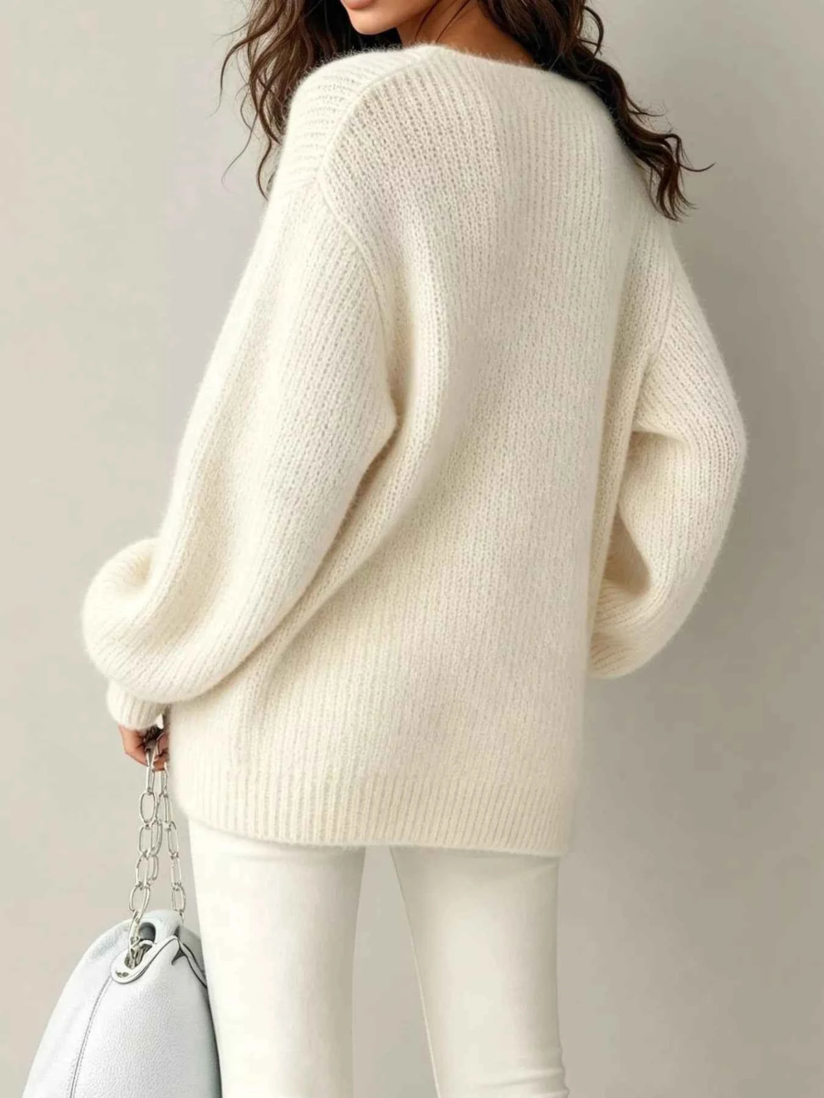 Quarter Zip Knit Sweater - Dropped Shoulders and Ribbed Cuffs