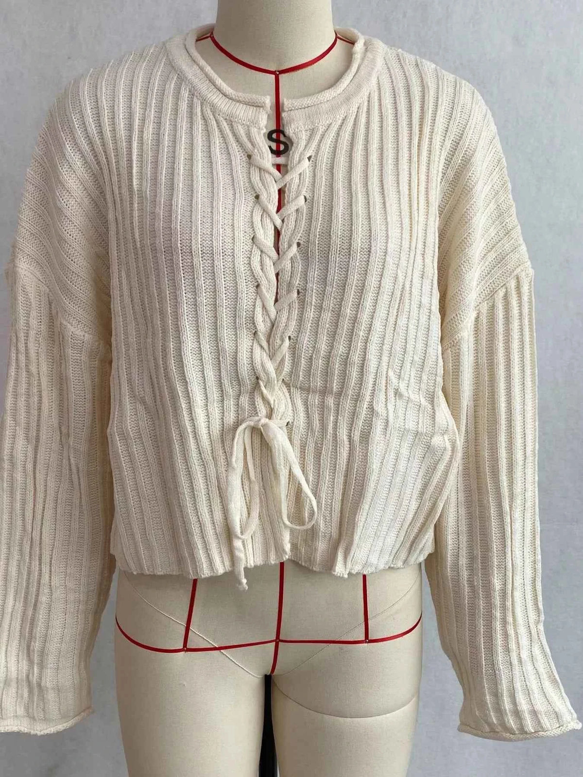 Ribbed Lace-Up Crop Sweater