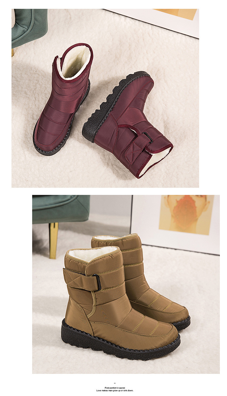 Quilted winter ankle boots in burgundy and tan with plush lining and straps