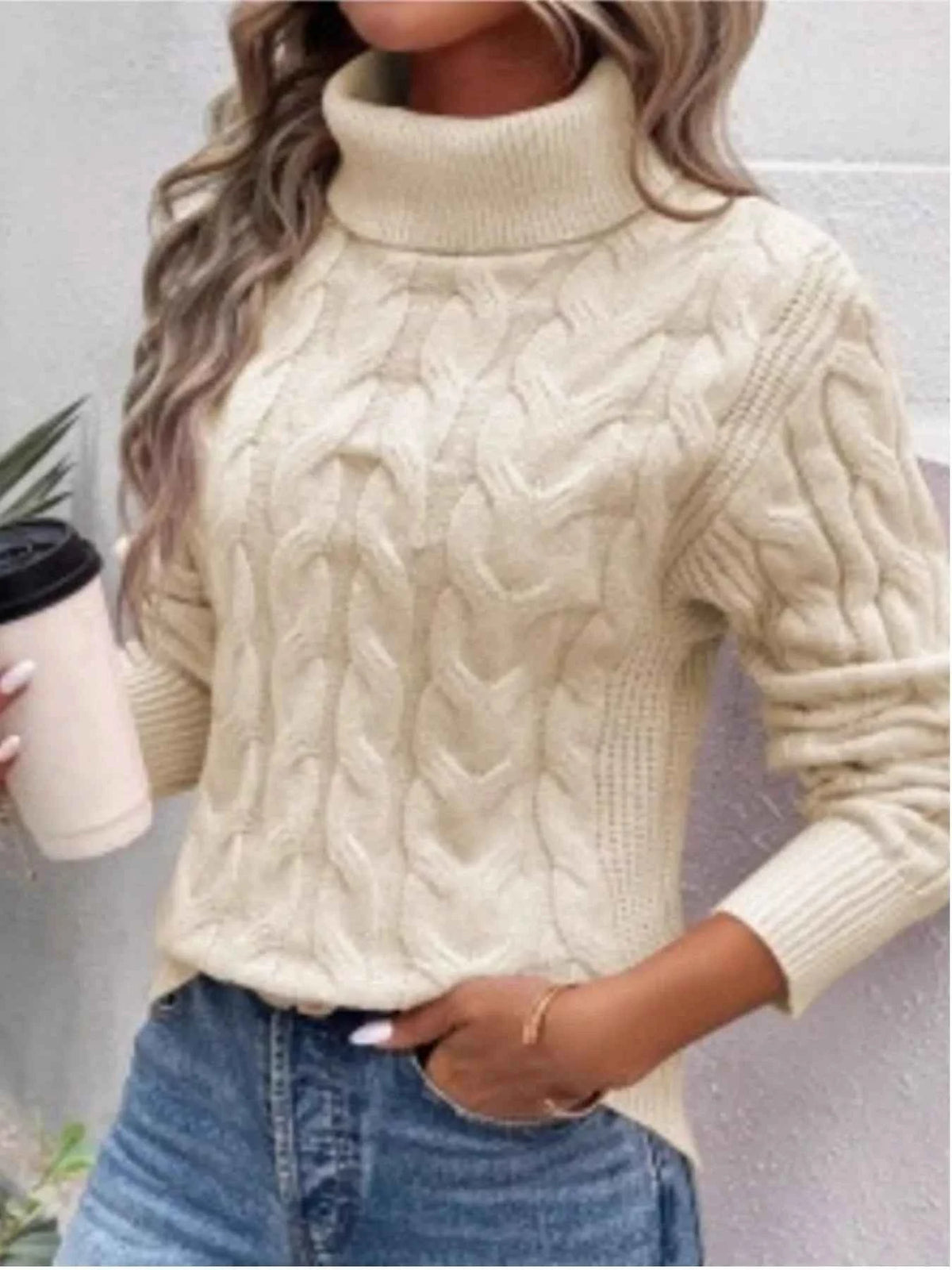 Cable Knit Turtleneck Sweater - Ribbed Cuffs Textured Fit