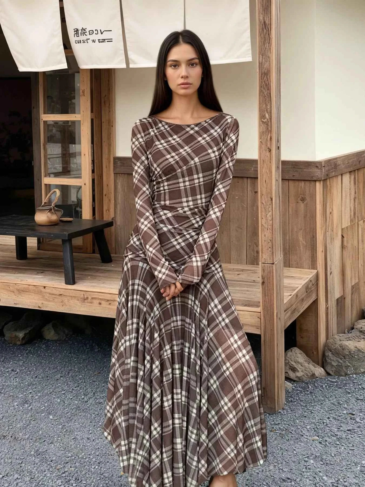Brown Plaid Ruched Waist Maxi Dress - Long Sleeve Fit