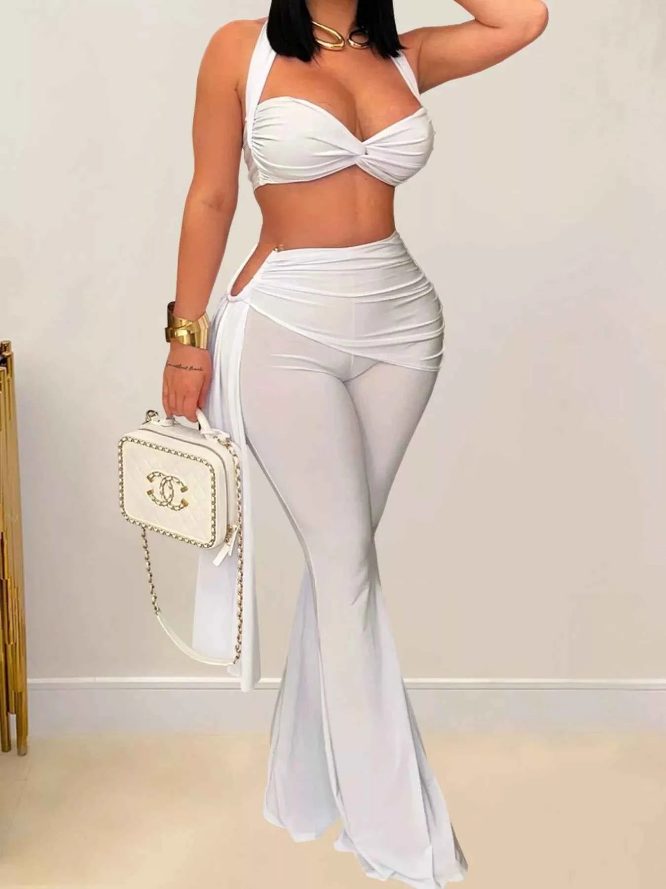 Halter Neck Top and Flare Pants Set