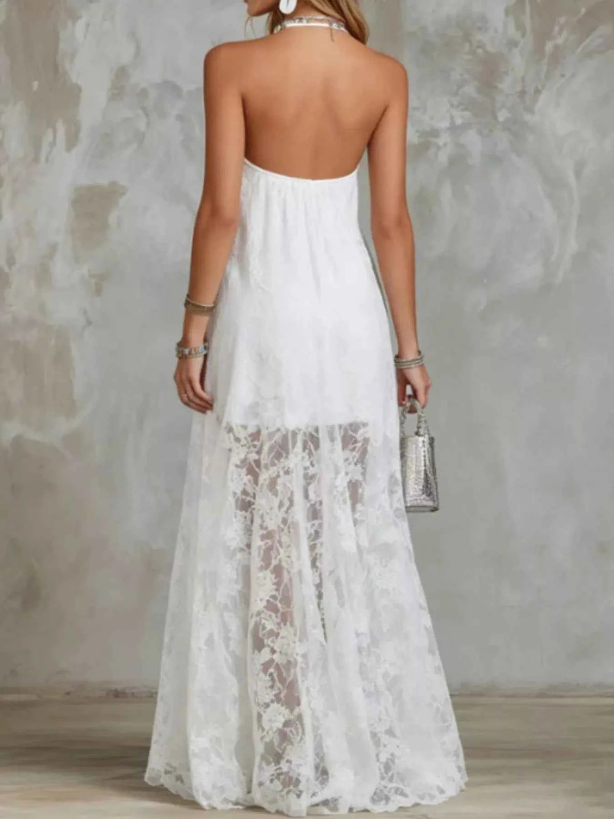 White Halter Neck Maxi Dress - Floral Lace Hem Panels