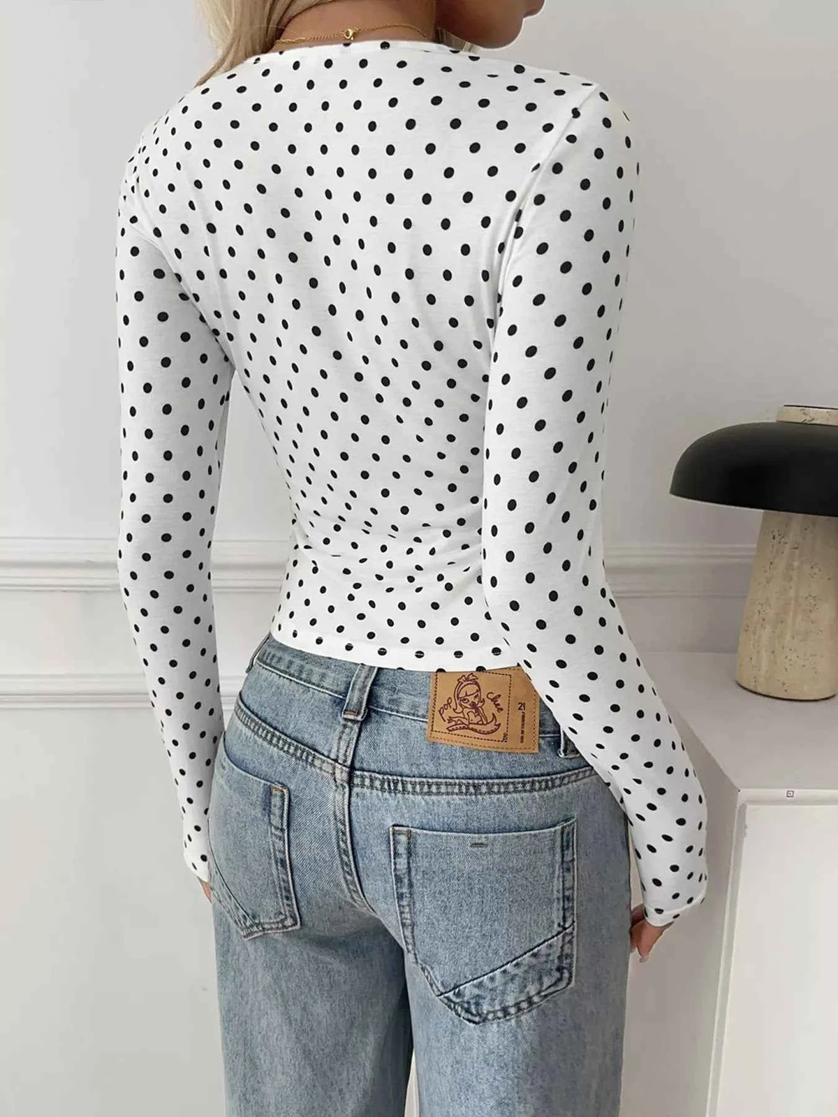 White Polka Dot Lace Trim Ruched Crop Top - Long Sleeve Sweetheart Neck