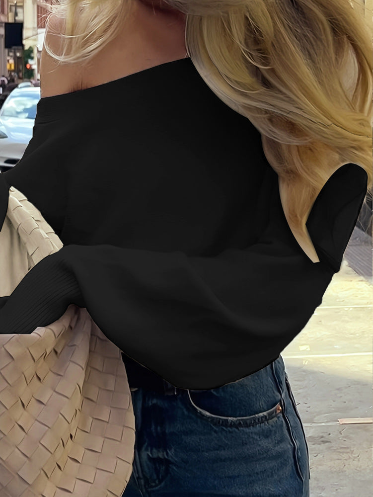 Off Shoulder Knit Sweater - Slouchy Sleeves and Ribbed Hem