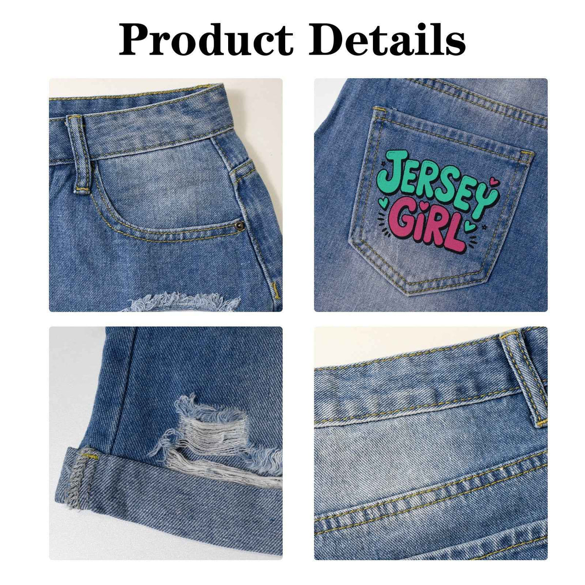 Light Wash Jersey Girl Denim Shorts - Graphic Pocket Print