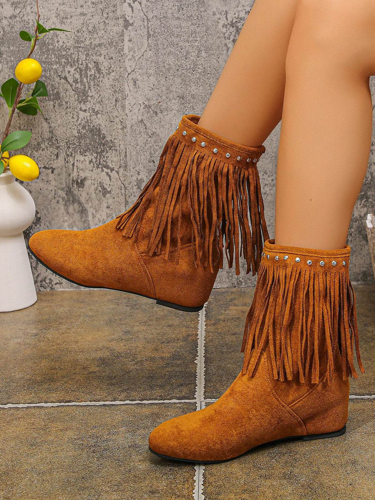 Trendsi Western Style Ankle Boots tan suede fringe with studded trim low flat heel ankle height