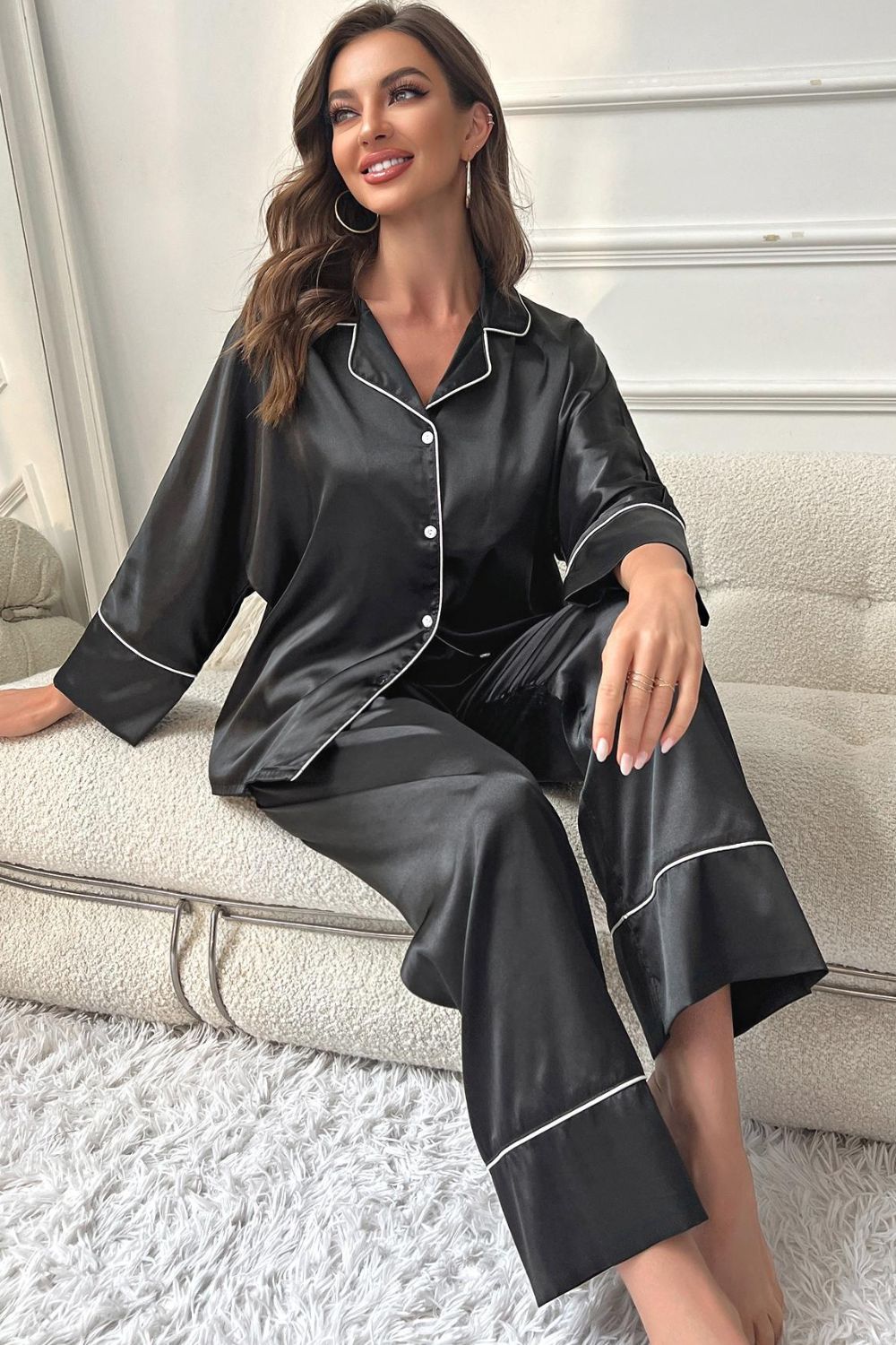 Contrast Piping Button-Up Top and Pants Pajama Set - Fashions Envy