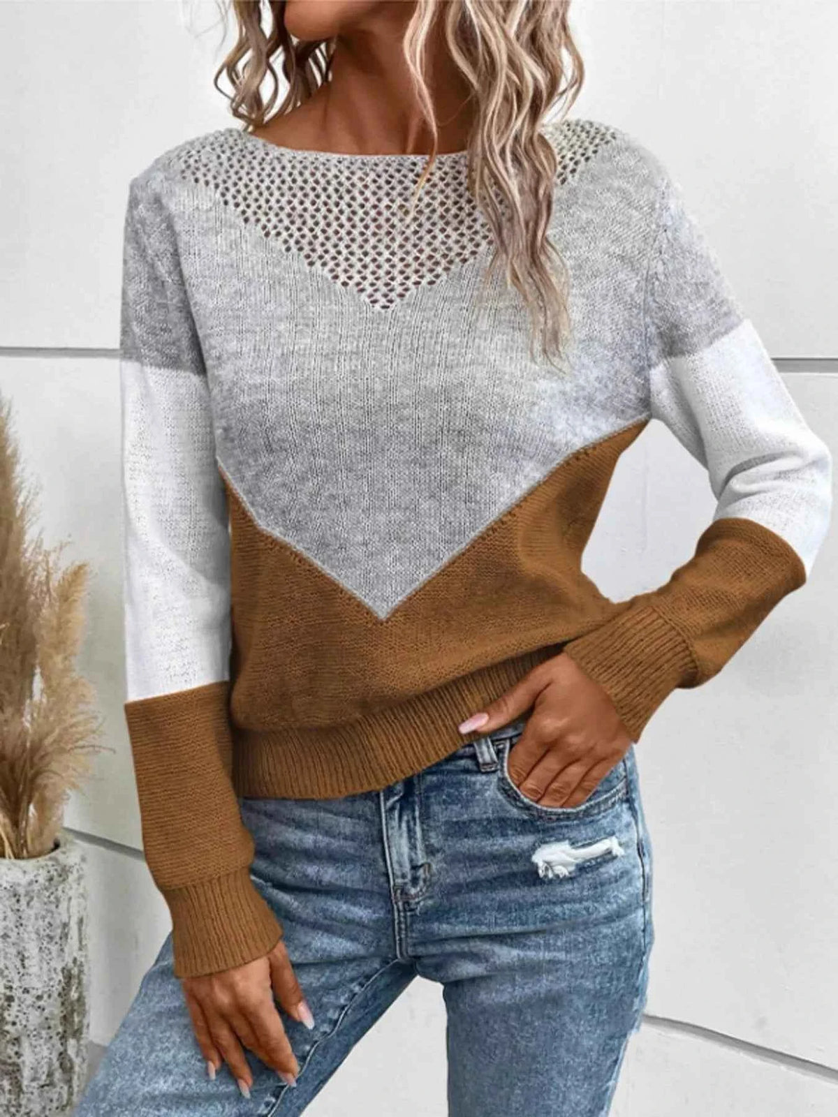Chevron Color Block Sweater - Openwork Neck Long Sleeves