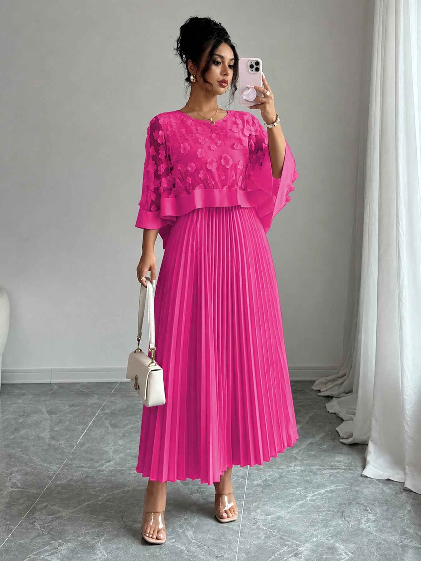 Elegant A-line Pleated Dress With Appliqued Mesh Paneling, Vacation Outfits Women, Summer Outfits For Women