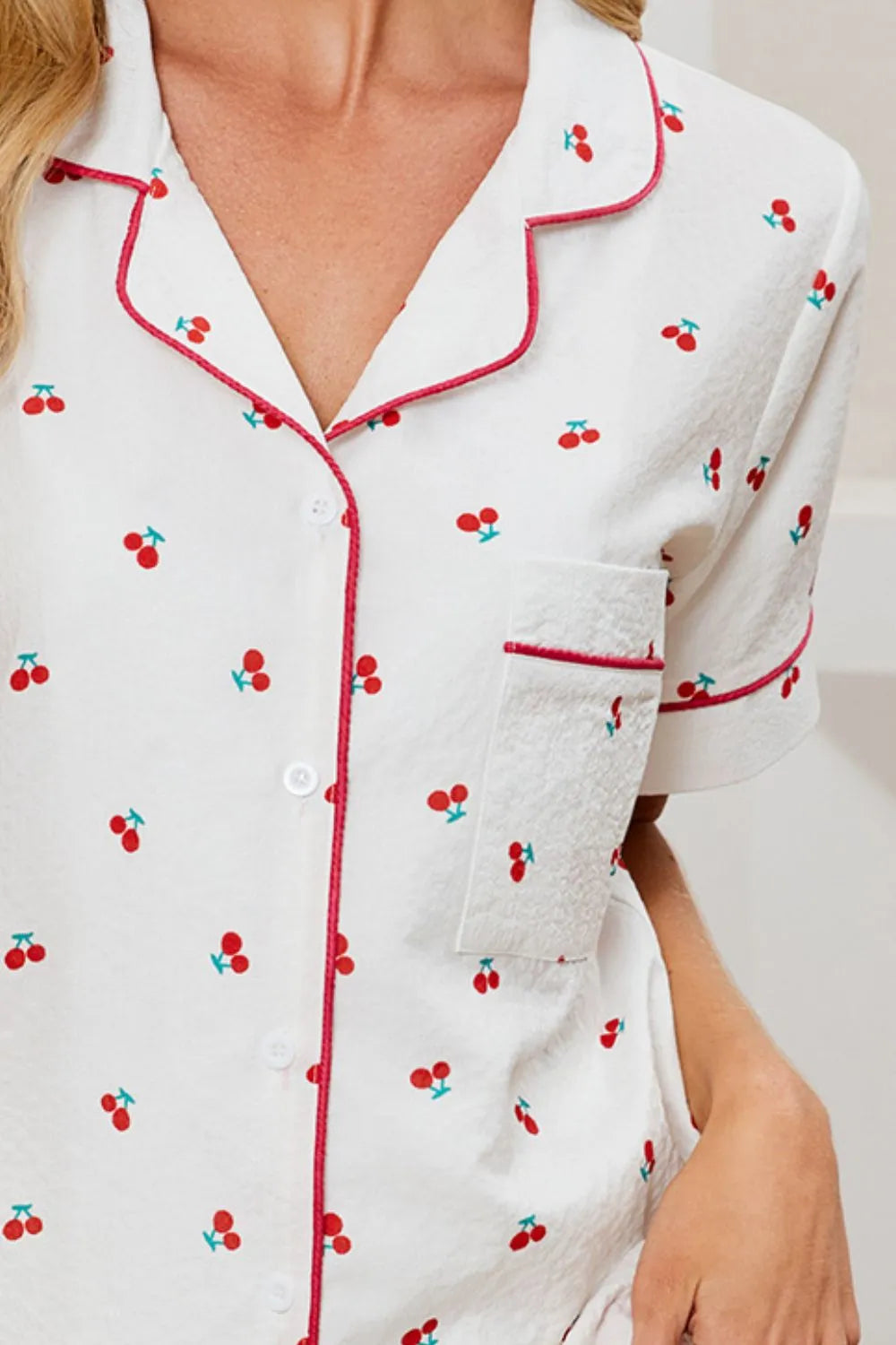 Cheery Print Lounge Set - Collared Top & Shorts Pajamas - Fashions Envy