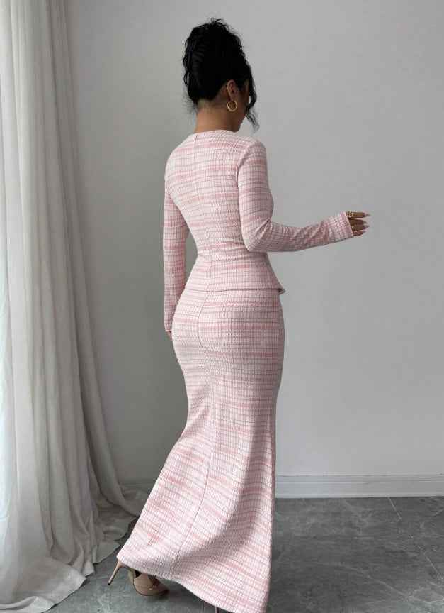 Pink Plaid Maxi Skirt Set - Peplum Top and Flared Hem
