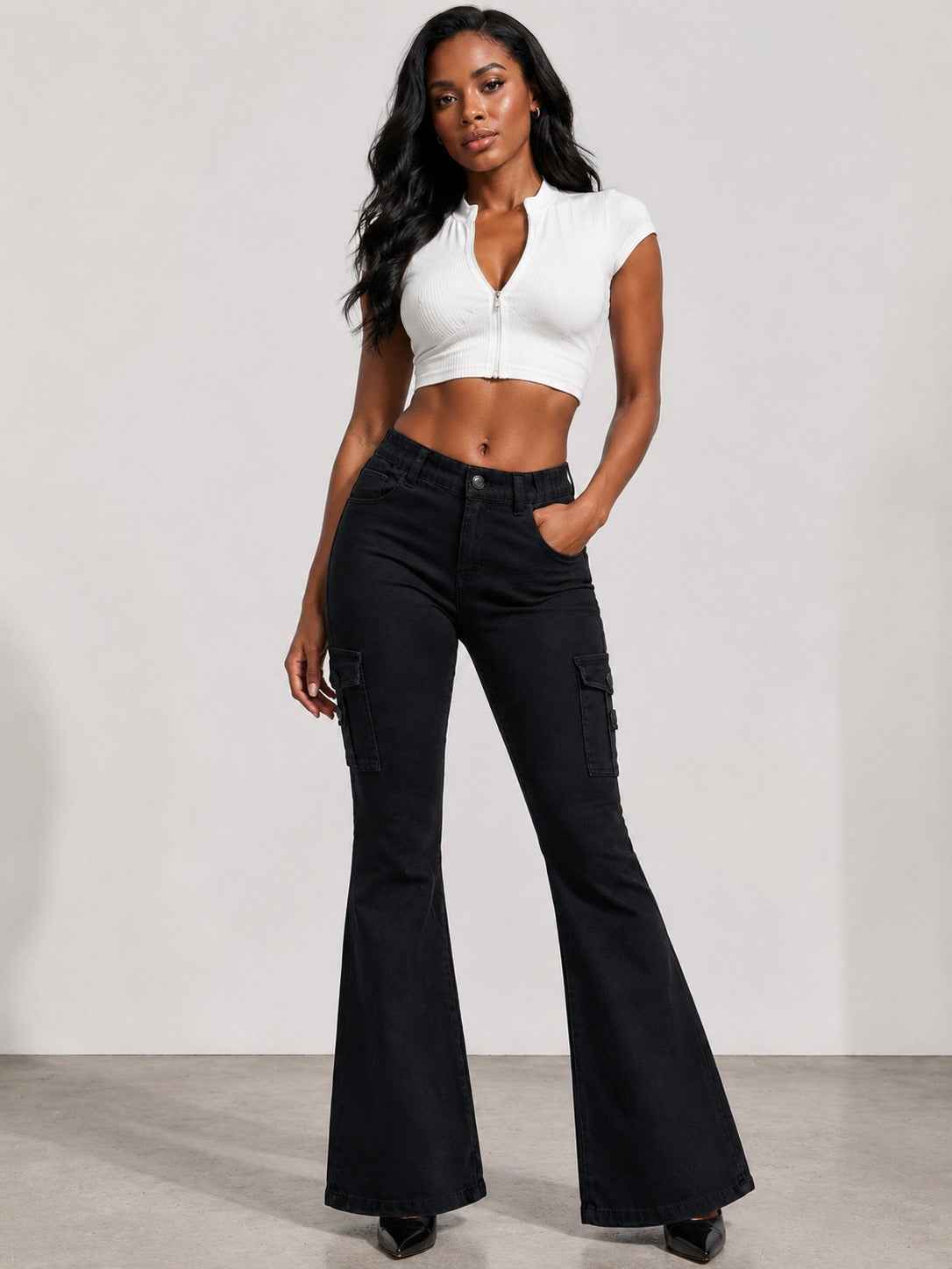 Women's High-quality Stretch Vintage Washed Cargo Flare Jeans, Y2K Style, Casual And Versatile, Suitable For All Seasons