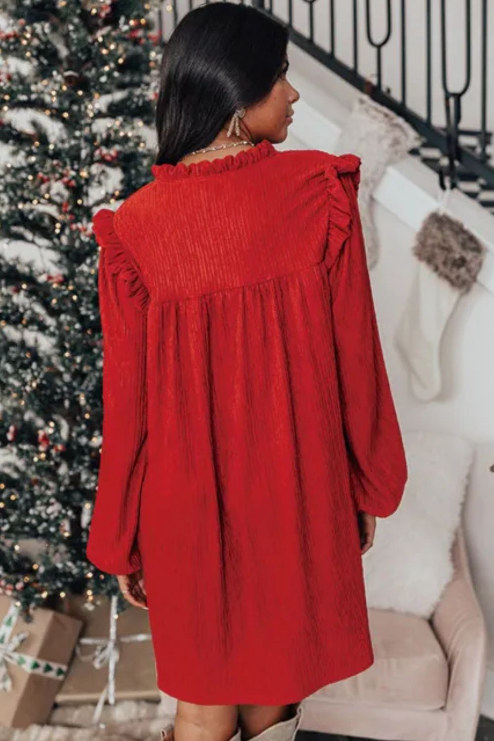 Frill Notched Long Sleeve Mini Dress