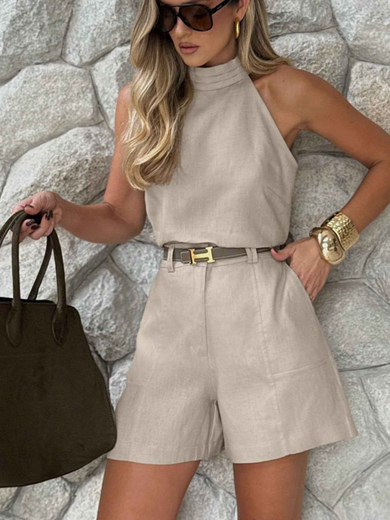 New Women's Elegant Two-piece Set Off Shoulder Sleeveless Top And High Waisted Shorts, Summer Women's Set