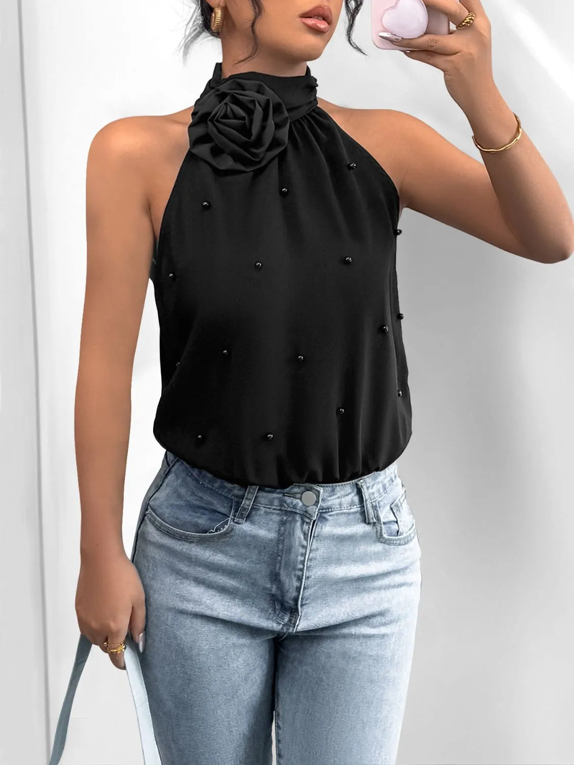 3D Flower Grecian Neck Bodysuit - Fashions Envy