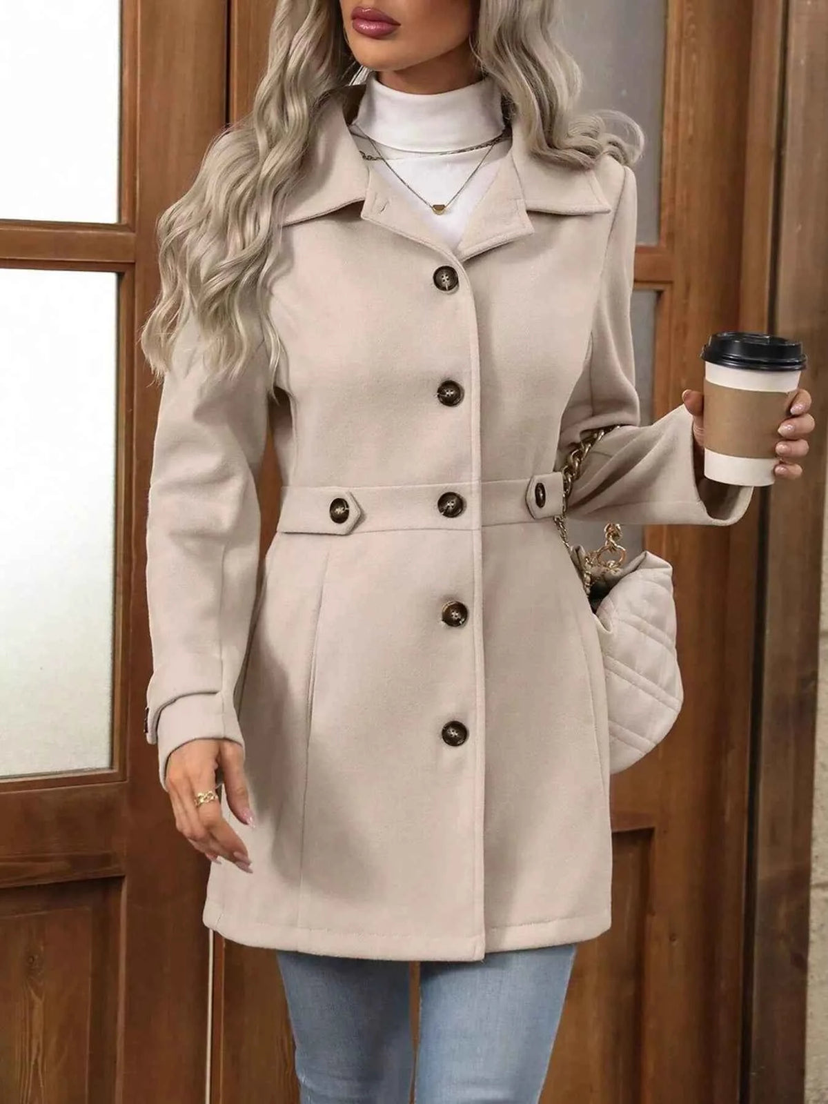 Single Breasted Lapel Coat - Button Front Waist Tabs