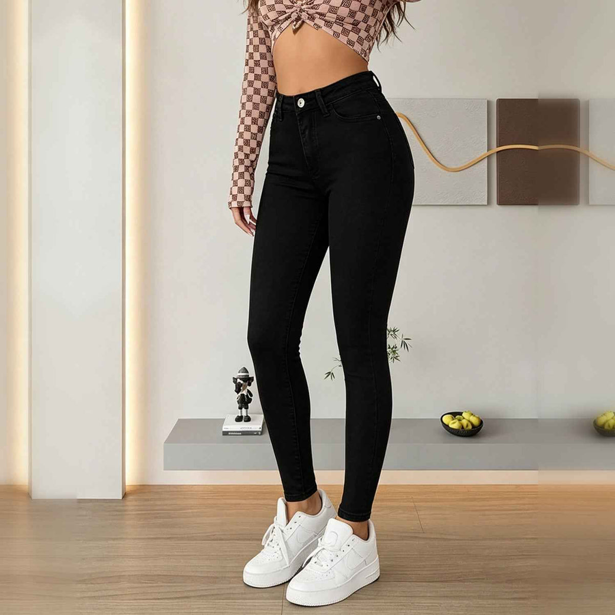 Black High-Rise Skinny Jeans - Ankle Cut and Pocket Detail