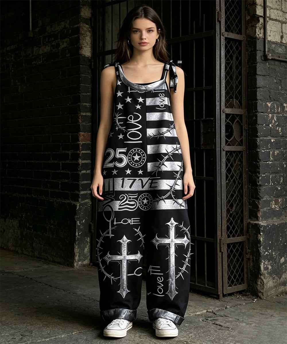 Tie-Shoulder Wide-Leg Jumpsuit - Relaxed Printed Overalls