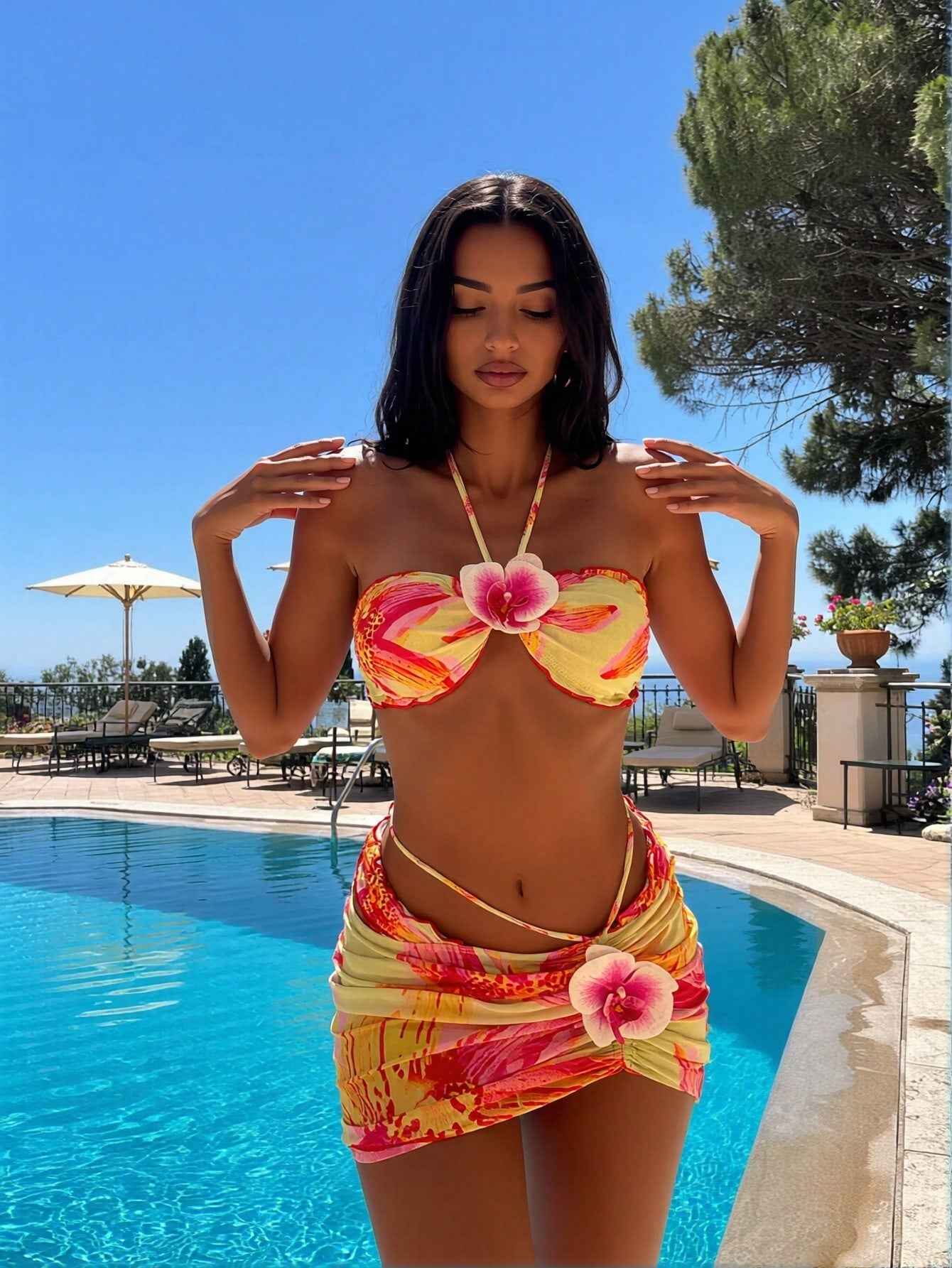 2026 New European Style Sexy Two-Piece Swimwear, Color Block Print & Flower Decor, Mesh Skirt Cover Up Bikini