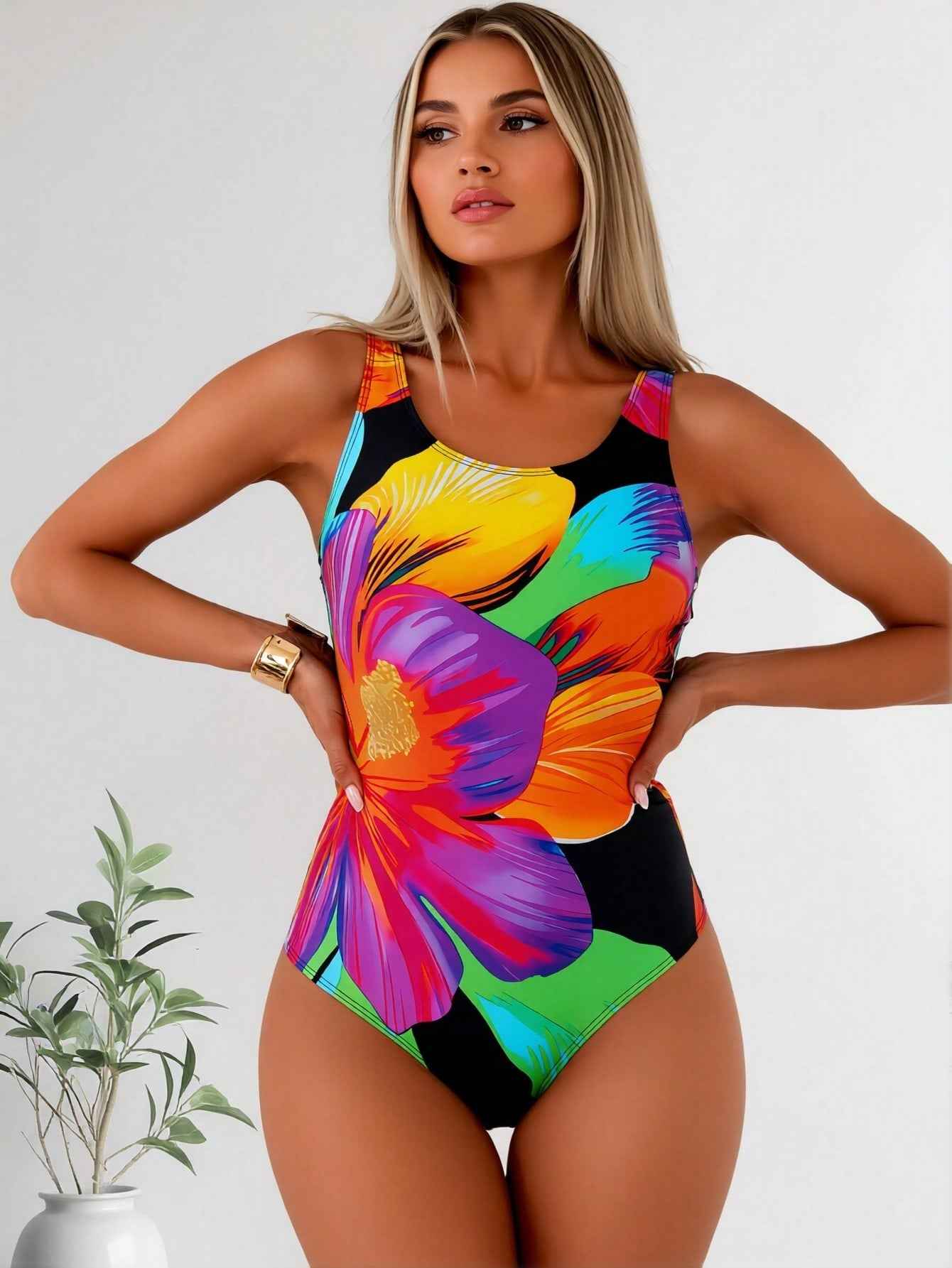 2026 New Large Watercolor Floral Print One-Piece Swimsuit, Scoop Neck Tummy Control Bathing Suit