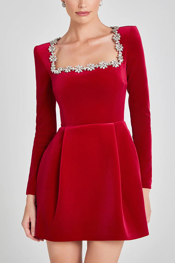 Rhinestone Flower Dress - Square Neck Party Mini