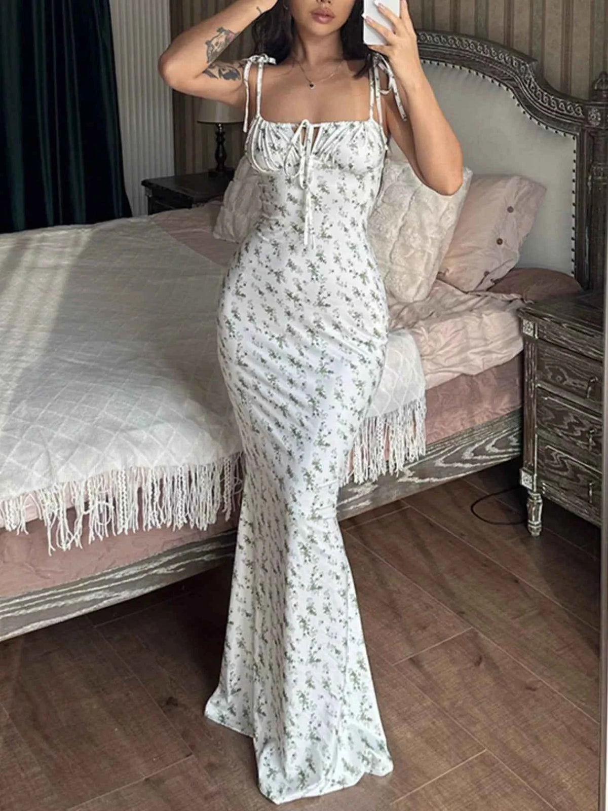 Ditsy Floral Tie-Strap Maxi Dress - Ruched Mermaid Bodycon