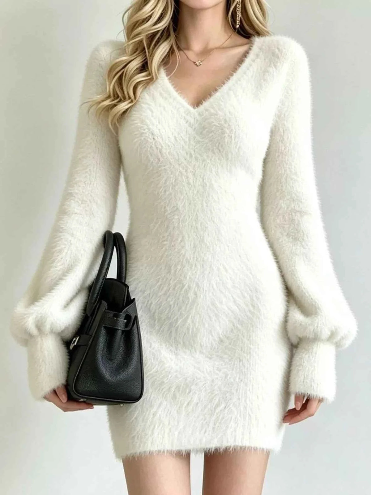 Fuzzy Sweater Mini Dress - V-Neck & Balloon Sleeves