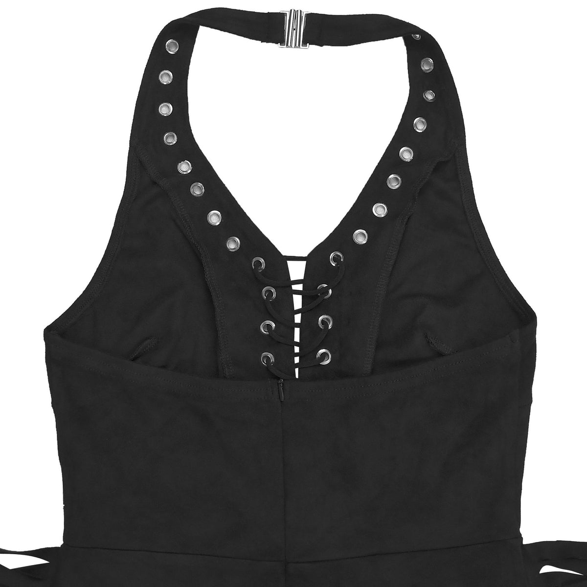 Black halter jumpsuit with lace-up center panel and metal eyelets